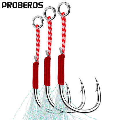 PROBEROS 5bag 10pcs/bag Fishing Hooks for slow jig with Feathers Slow Double Jig Hook Fishing Jig Assis hooks Fishhooks