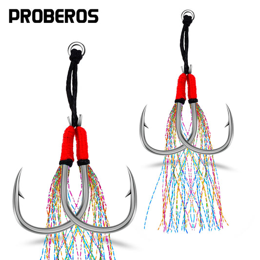 PROBEROS 20pcs New Style Tied With red Bright Wire Iron Plate Double Hook Black High Carbon Steel Fish Hook Wholesale