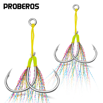 PROBEROS 5PC 1/0 2/0 3/0 4/0 5/0 6/0 Sea Fishing Tackle Slow Jigging Fishing Hook Glow Double Assist Hooks