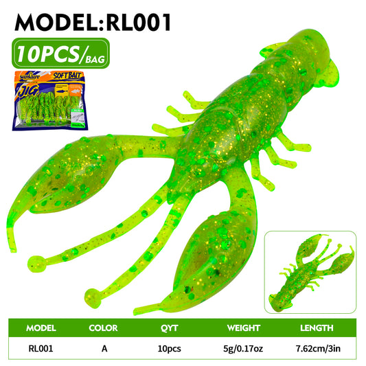 Sunlure 10PCS/Bag Crayfish Soft Bait Artificial Biomimetic Silicone Shrimp Shaped Wobbler Swimming Bait 7.62cm&5g Bass Seawater Fishing Lures