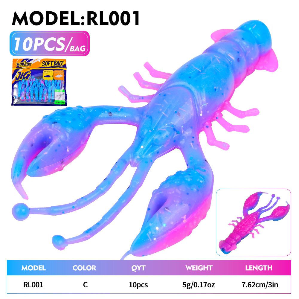 Sunlure 10PCS/Bag Crayfish Soft Bait Artificial Biomimetic Silicone Shrimp Shaped Wobbler Swimming Bait 7.62cm&5g Bass Seawater Fishing Lures
