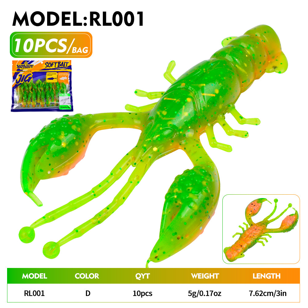 Sunlure 10PCS/Bag Crayfish Soft Bait Artificial Biomimetic Silicone Shrimp Shaped Wobbler Swimming Bait 7.62cm&5g Bass Seawater Fishing Lures
