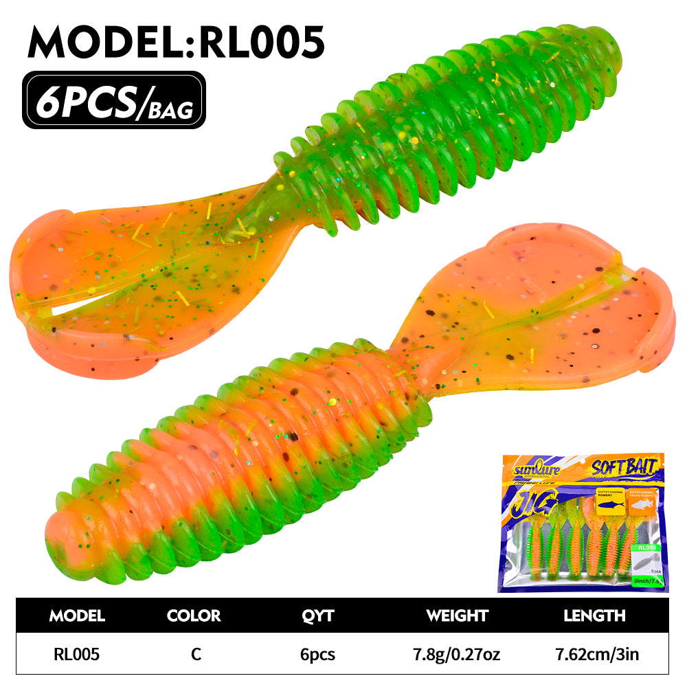 Sunlure 6 Color Artificial Silicone Wobblers Swimming Bait 7.62cm&7.8g Double Tailed Threaded Body Soft Bait 6PCS/Bag Bass Pike Saltwater Fishing Lures