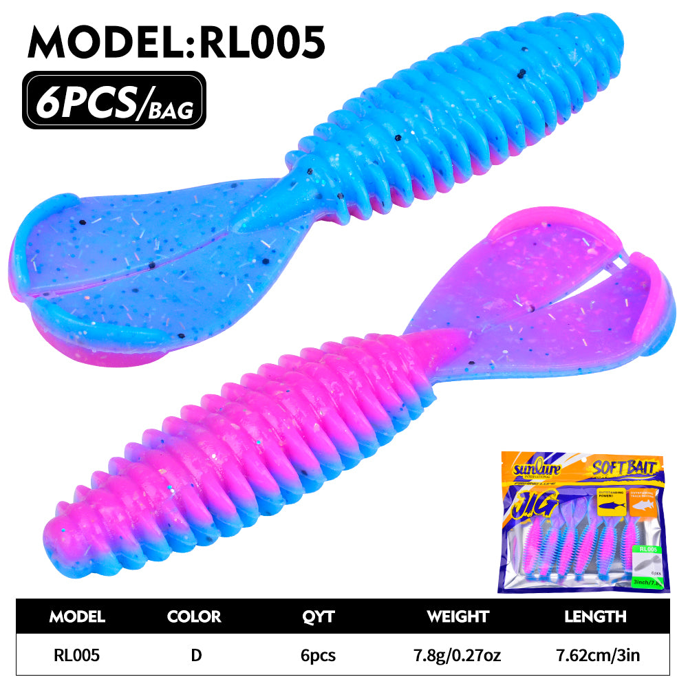 Sunlure 6 Color Artificial Silicone Wobblers Swimming Bait 7.62cm&7.8g Double Tailed Threaded Body Soft Bait 6PCS/Bag Bass Pike Saltwater Fishing Lures