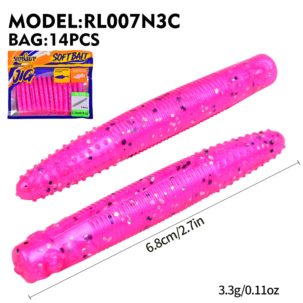SUNLURE Ribbed Stick Soft Worm RL007, 2 Sizes 6 Colors Ned Rig Bait, 6/14PCS Per Pack