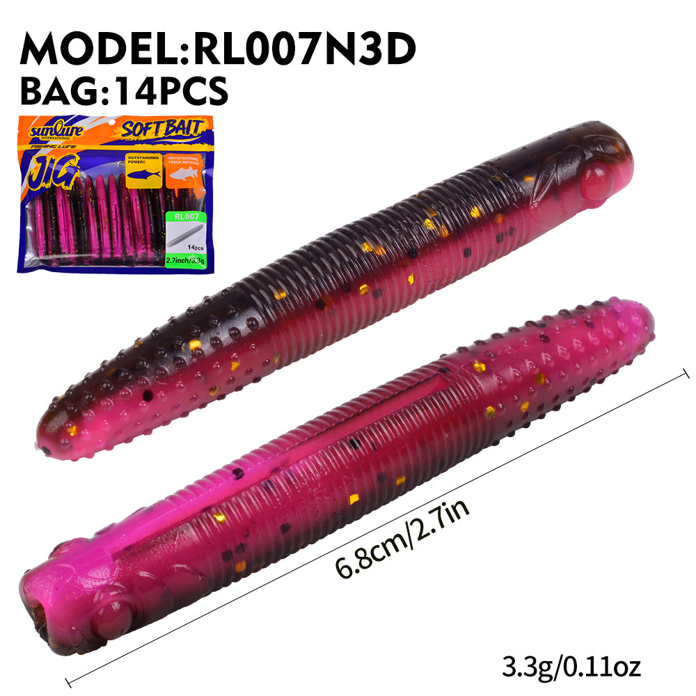 SUNLURE Ribbed Stick Soft Worm RL007, 2 Sizes 6 Colors Ned Rig Bait, 6/14PCS Per Pack