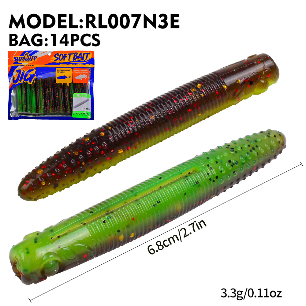 SUNLURE Ribbed Stick Soft Worm RL007, 2 Sizes 6 Colors Ned Rig Bait, 6/14PCS Per Pack