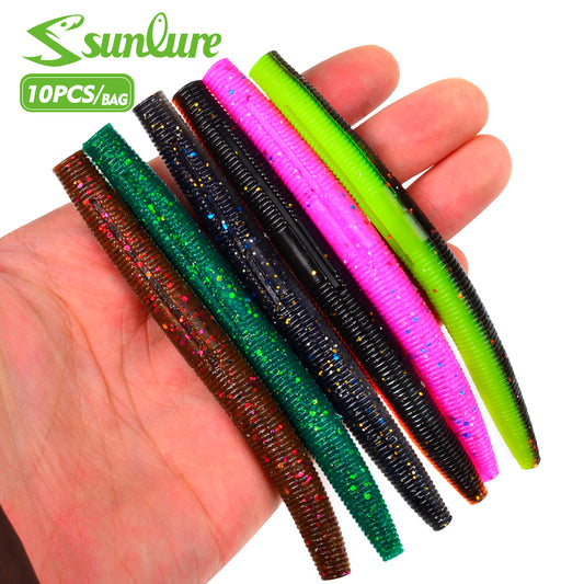 Sunlure 10.1cm/12.7cm Threaded Earthworm Noodle Worm Soft Bait 10PCS Artificial Silicone Wobbler Swimming Bait Multi Color Bass Seawater Fishing Lures