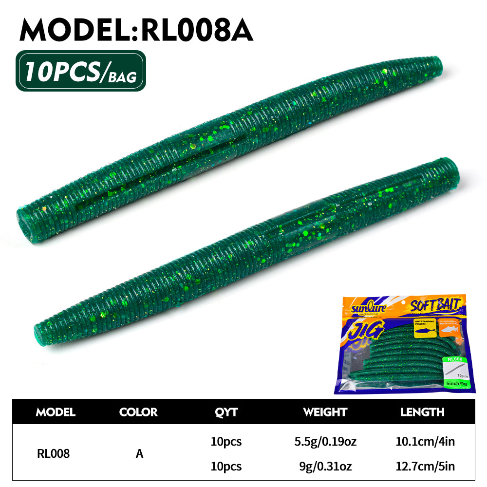 Sunlure 10.1cm/12.7cm Threaded Earthworm Noodle Worm Soft Bait 10PCS Artificial Silicone Wobbler Swimming Bait Multi Color Bass Seawater Fishing Lures