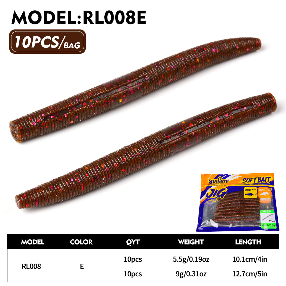 Sunlure 10.1cm/12.7cm Threaded Earthworm Noodle Worm Soft Bait 10PCS Artificial Silicone Wobbler Swimming Bait Multi Color Bass Seawater Fishing Lures