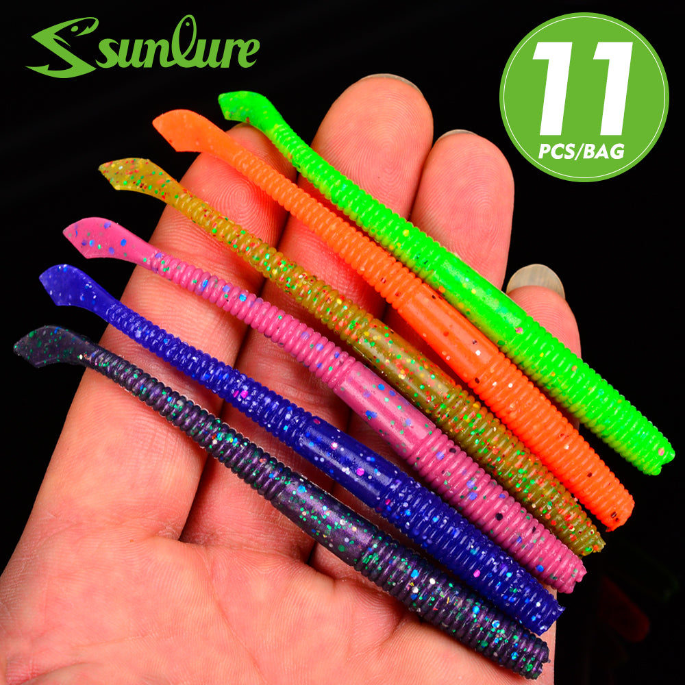 Sunlure 10.1cm&4in Worm Wave Shaped Tail Silicone Soft Bait 11PCS/Bag Realistic Artificial Swimming Bait 6-color Bass Barracuda Seawater Fishing Lures