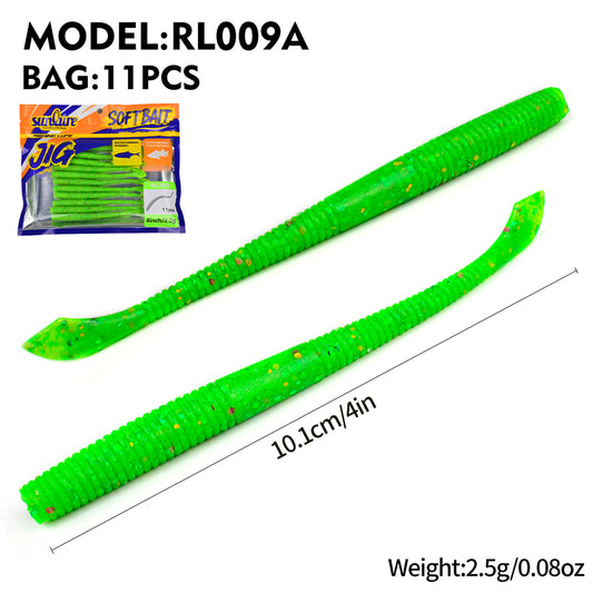 Sunlure 10.1cm&4in Worm Wave Shaped Tail Silicone Soft Bait 11PCS/Bag Realistic Artificial Swimming Bait 6-color Bass Barracuda Seawater Fishing Lures
