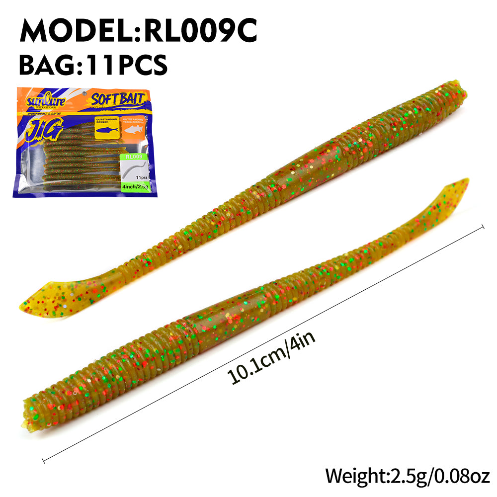 Sunlure 10.1cm&4in Worm Wave Shaped Tail Silicone Soft Bait 11PCS/Bag Realistic Artificial Swimming Bait 6-color Bass Barracuda Seawater Fishing Lures