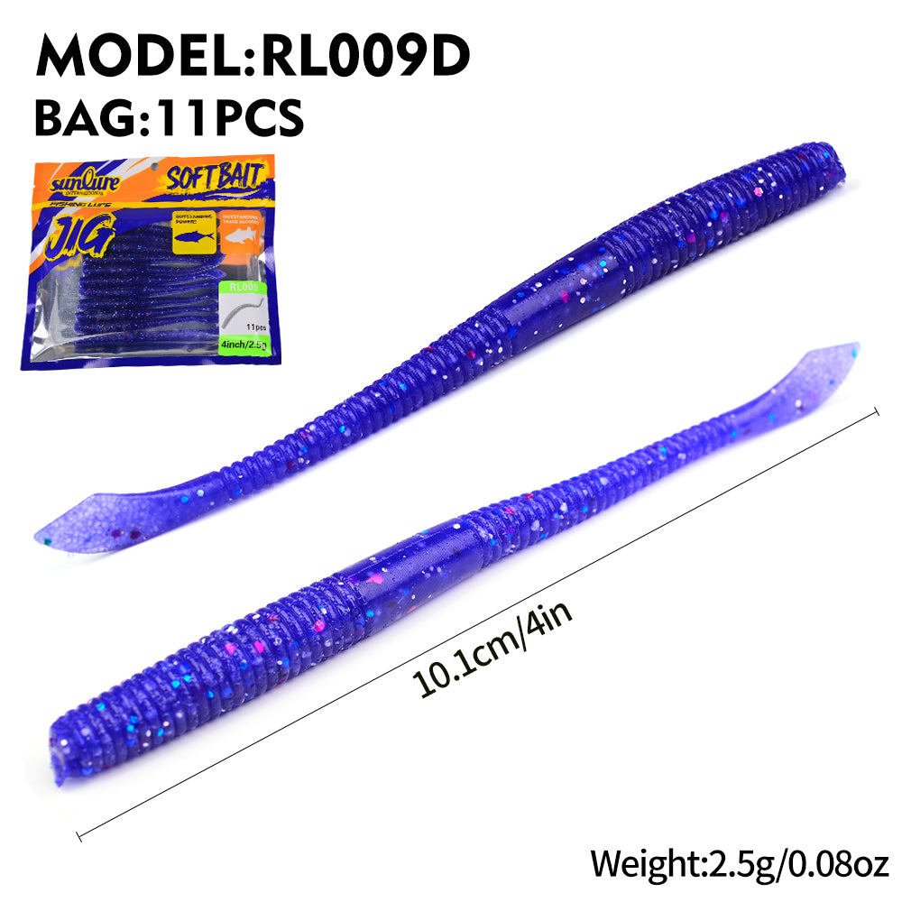 Sunlure 10.1cm&4in Worm Wave Shaped Tail Silicone Soft Bait 11PCS/Bag Realistic Artificial Swimming Bait 6-color Bass Barracuda Seawater Fishing Lures