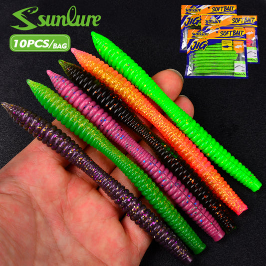 Sunlure 10PCS/Bag Realistic Worm Silicone Artificial Bionic Soft Bait 6 Color Ribbed Swinging Swimming Bait Trout Grouper Fishing Lures