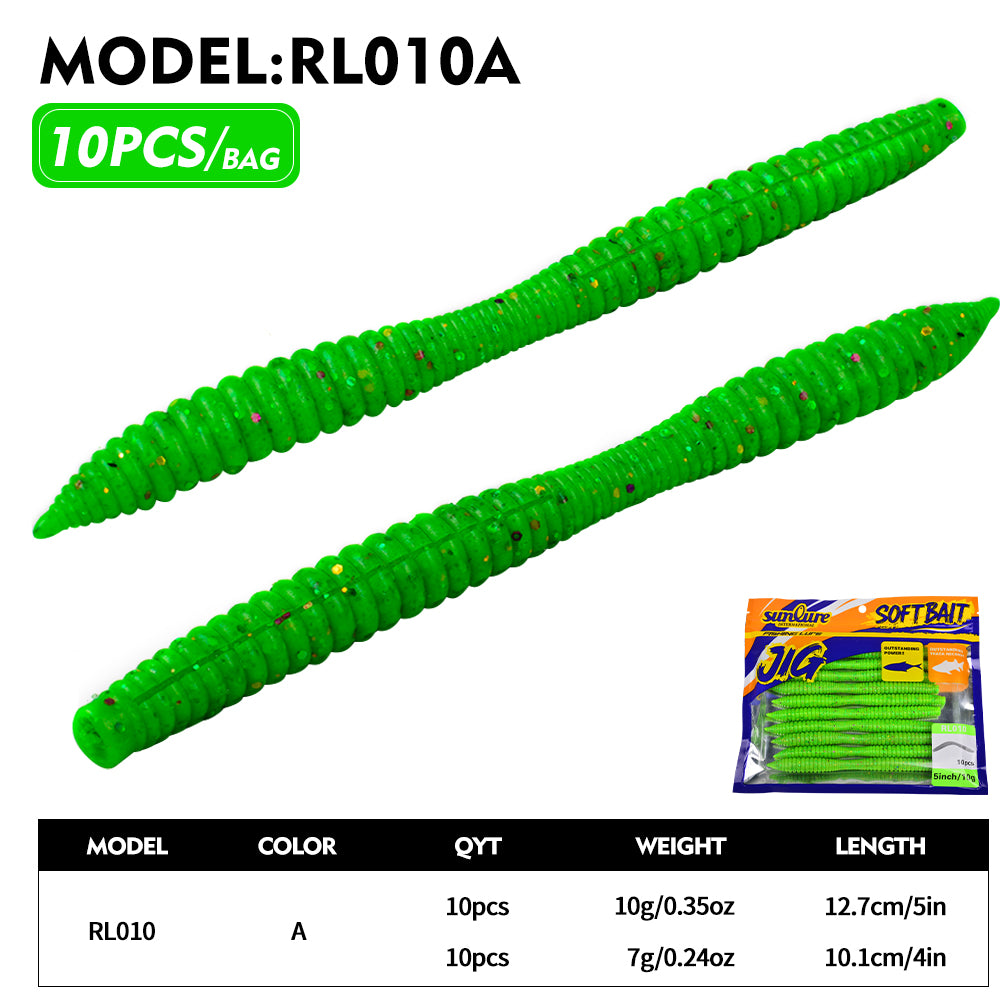 Sunlure 10PCS/Bag Realistic Worm Silicone Artificial Bionic Soft Bait 6 Color Ribbed Swinging Swimming Bait Trout Grouper Fishing Lures