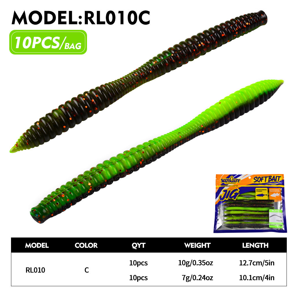Sunlure 10PCS/Bag Realistic Worm Silicone Artificial Bionic Soft Bait 6 Color Ribbed Swinging Swimming Bait Trout Grouper Fishing Lures