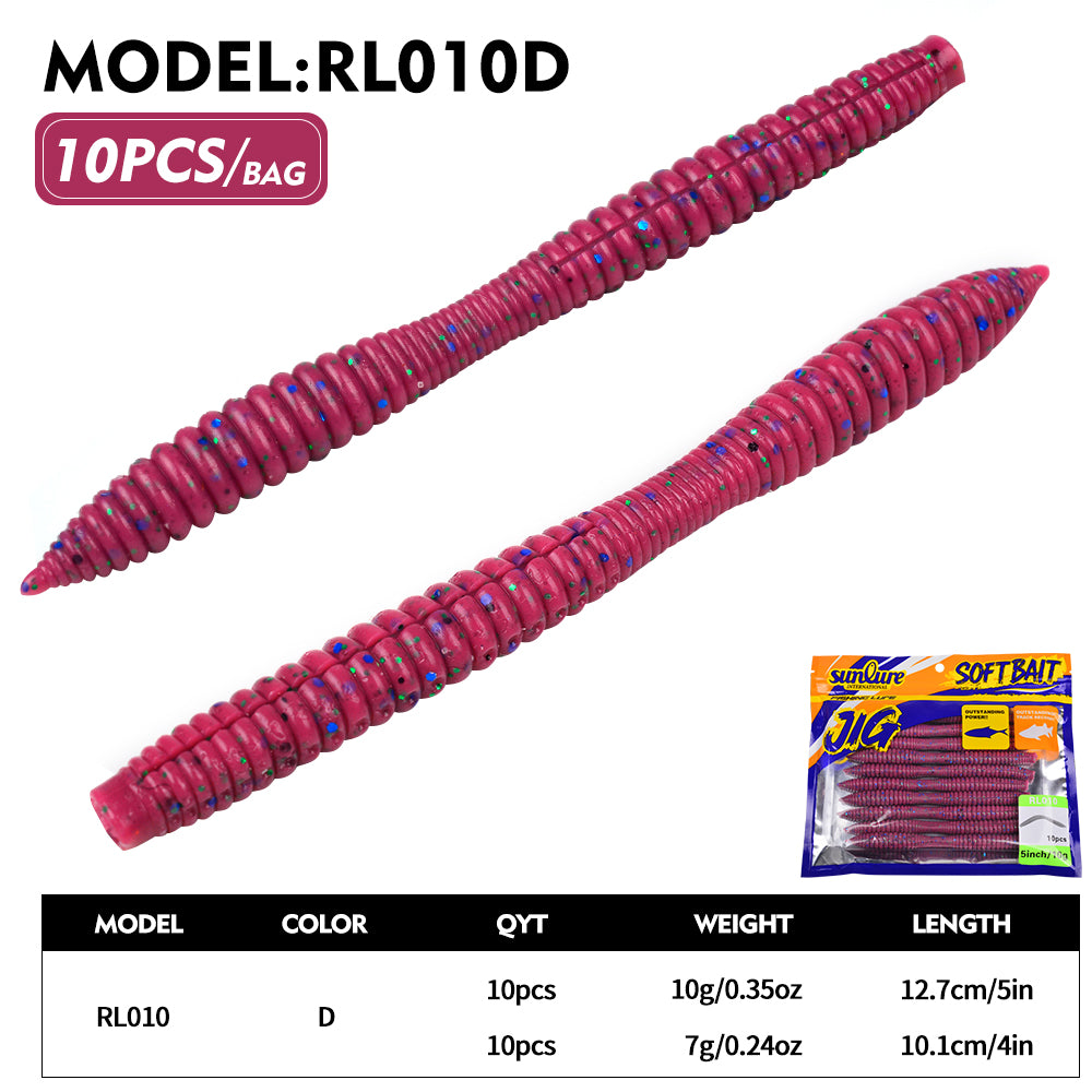 Sunlure 10PCS/Bag Realistic Worm Silicone Artificial Bionic Soft Bait 6 Color Ribbed Swinging Swimming Bait Trout Grouper Fishing Lures