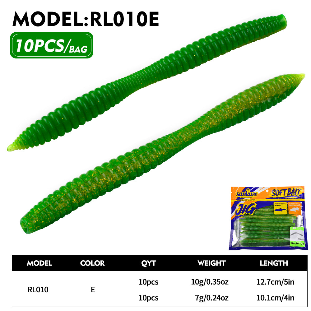 Sunlure 10PCS/Bag Realistic Worm Silicone Artificial Bionic Soft Bait 6 Color Ribbed Swinging Swimming Bait Trout Grouper Fishing Lures