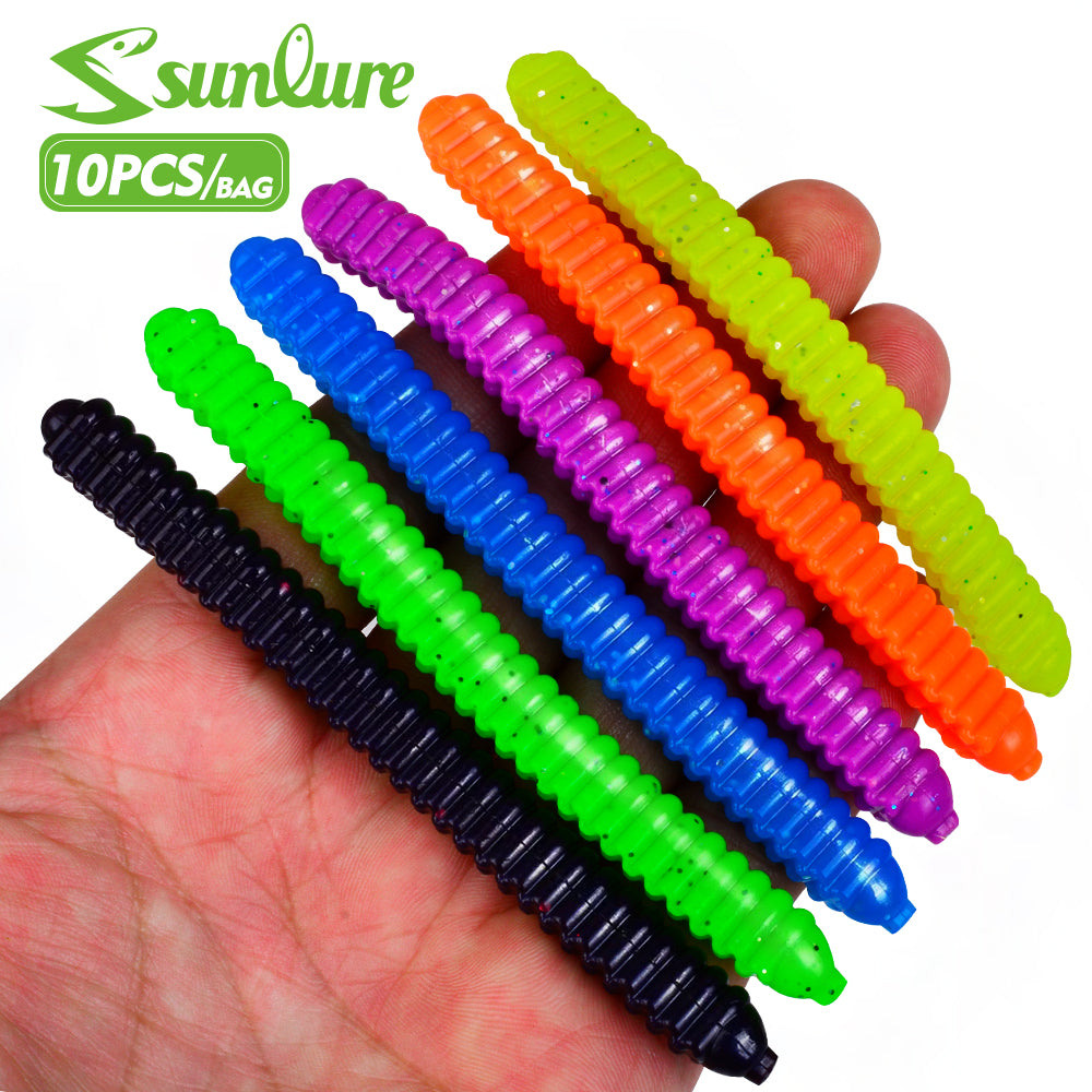 Sunlure&nbsp; Ribbed Soft Plastic Worms 6 Colors Pack ,10pcs/Bag,Sinking Soft Plastic Worms with Ribbed Body for Freshwater