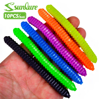 Sunlure RL012 Ribbed Soft Plastic Worms 6 Colors Pack ,10pcs/Bag,Sinking Soft Plastic Worms with Ribbed Body for Freshwater