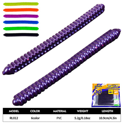 Sunlure RL012 Ribbed Soft Plastic Worms 6 Colors Pack ,10pcs/Bag,Sinking Soft Plastic Worms with Ribbed Body for Freshwater
