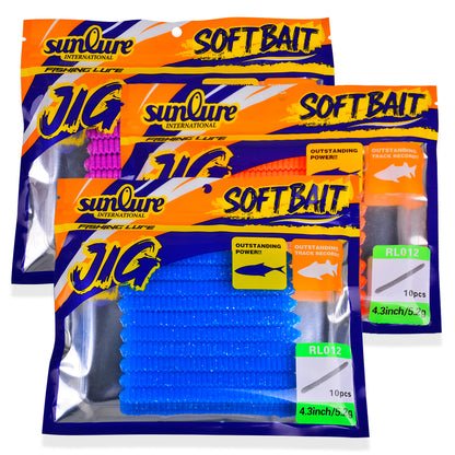 Sunlure RL012 Ribbed Soft Plastic Worms 6 Colors Pack ,10pcs/Bag,Sinking Soft Plastic Worms with Ribbed Body for Freshwater
