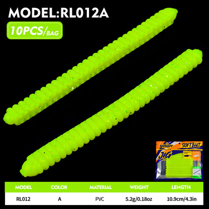Sunlure RL012 Ribbed Soft Plastic Worms 6 Colors Pack ,10pcs/Bag,Sinking Soft Plastic Worms with Ribbed Body for Freshwater