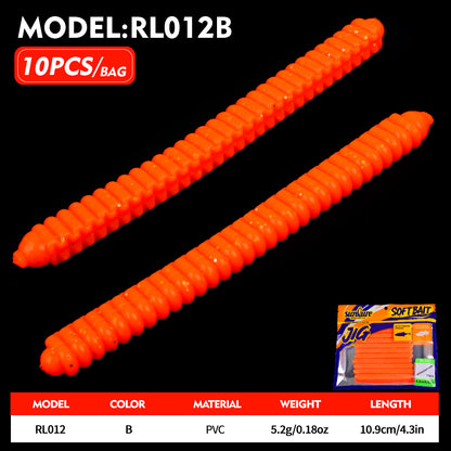 Sunlure RL012 Ribbed Soft Plastic Worms 6 Colors Pack ,10pcs/Bag,Sinking Soft Plastic Worms with Ribbed Body for Freshwater