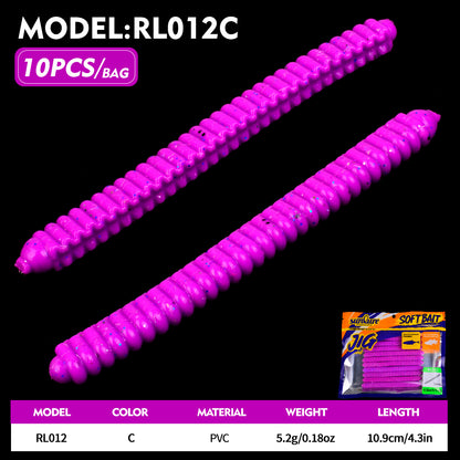 Sunlure RL012 Ribbed Soft Plastic Worms 6 Colors Pack ,10pcs/Bag,Sinking Soft Plastic Worms with Ribbed Body for Freshwater
