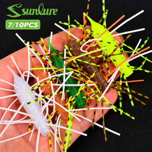 Sunlure 5 Color Caterpillar Multi Legged Beard Soft Worm Bionic Fish Bait 7/10PCS Swinging Swimming Bait 4/5.6cm Bass Tuna Saltwater Fish Lures
