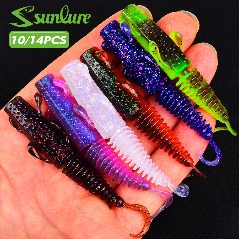Sunlure Worm Lures 10/14Pcs Mini Soft Lure Artificial Silicone Bait Larva Rubber Baits Wobblers Bass Fishing Lure 7.6/6.8cm Swimbait Set