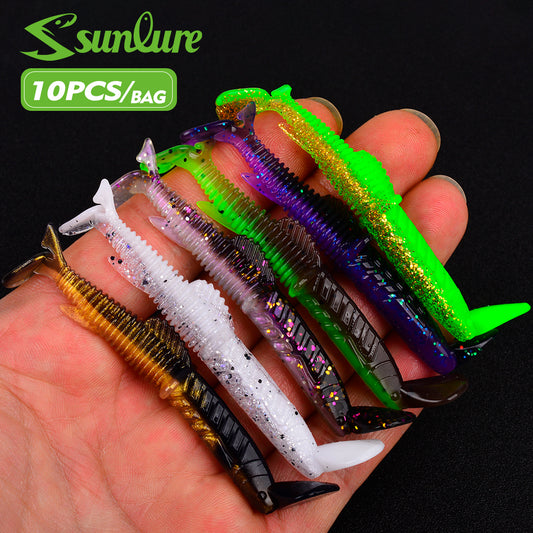 Sunlure Groove Threaded T-tail Artificial Silicone Soft Bait 8cm&3g Fish Shaped Wobblers Swimming Bait 10PCS/Bag Bass Trout Seawater Fishing Lures
