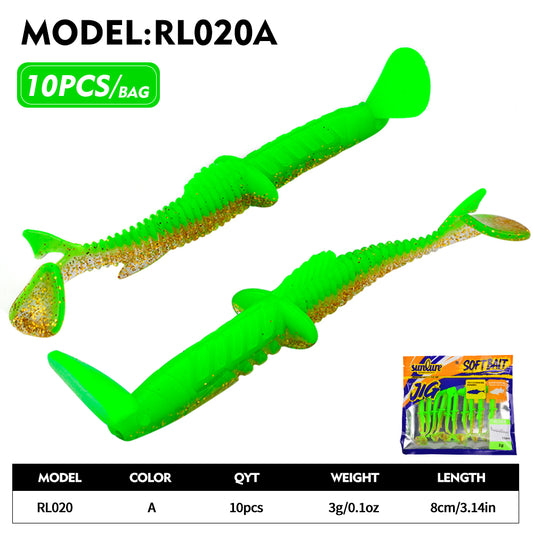 Sunlure Groove Threaded T-tail Artificial Silicone Soft Bait 8cm&3g Fish Shaped Wobblers Swimming Bait 10PCS/Bag Bass Trout Seawater Fishing Lures