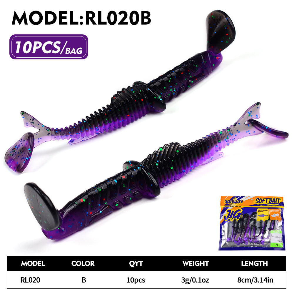 Sunlure Groove Threaded T-tail Artificial Silicone Soft Bait 8cm&3g Fish Shaped Wobblers Swimming Bait 10PCS/Bag Bass Trout Seawater Fishing Lures