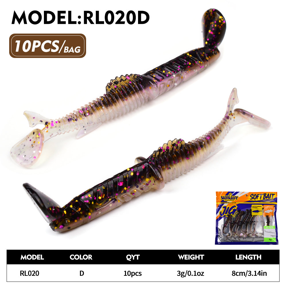Sunlure Groove Threaded T-tail Artificial Silicone Soft Bait 8cm&3g Fish Shaped Wobblers Swimming Bait 10PCS/Bag Bass Trout Seawater Fishing Lures