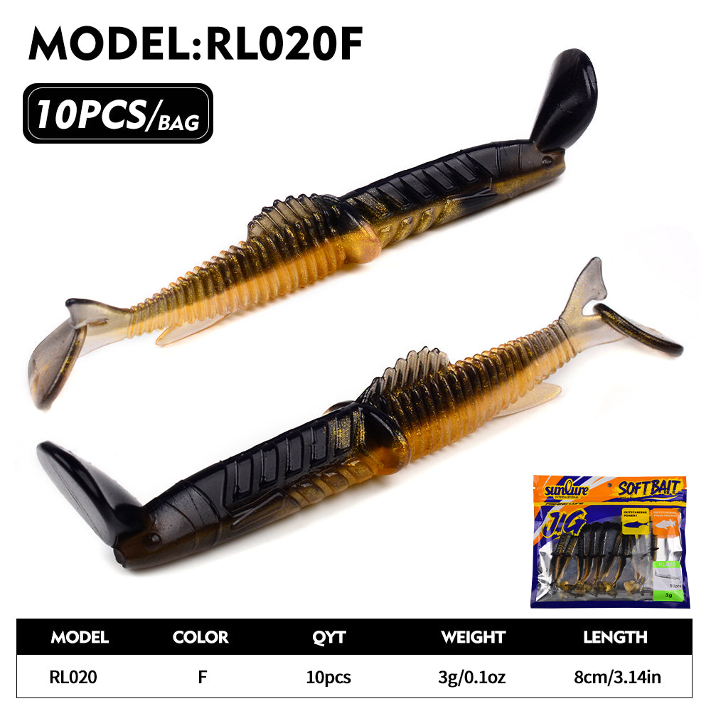 Sunlure Groove Threaded T-tail Artificial Silicone Soft Bait 8cm&3g Fish Shaped Wobblers Swimming Bait 10PCS/Bag Bass Trout Seawater Fishing Lures