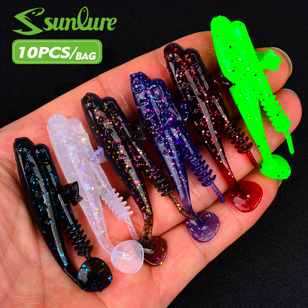 Sunlure 7.1cm/3g Artificial Soft Plastic Bait 10PCS/bag Crab Clamp T Shaped Tail Wobblers Swimming Bait 6 Color Bass Salmon Seawater Fishing Lures