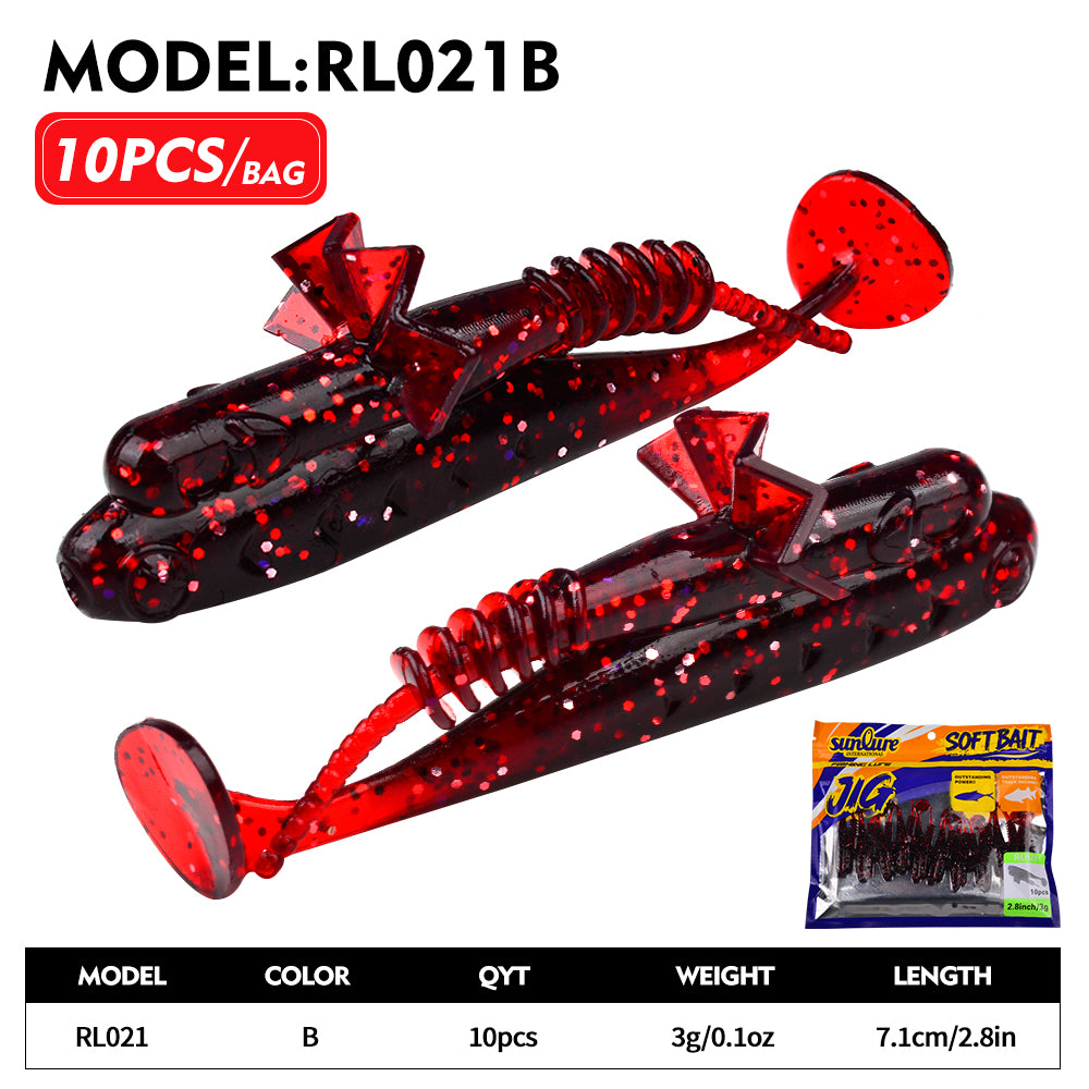 Sunlure 7.1cm/3g Artificial Soft Plastic Bait 10PCS/bag Crab Clamp T Shaped Tail Wobblers Swimming Bait 6 Color Bass Salmon Seawater Fishing Lures