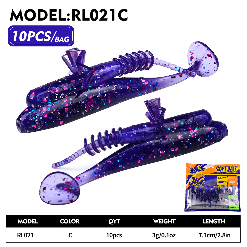 Sunlure 7.1cm/3g Artificial Soft Plastic Bait 10PCS/bag Crab Clamp T Shaped Tail Wobblers Swimming Bait 6 Color Bass Salmon Seawater Fishing Lures