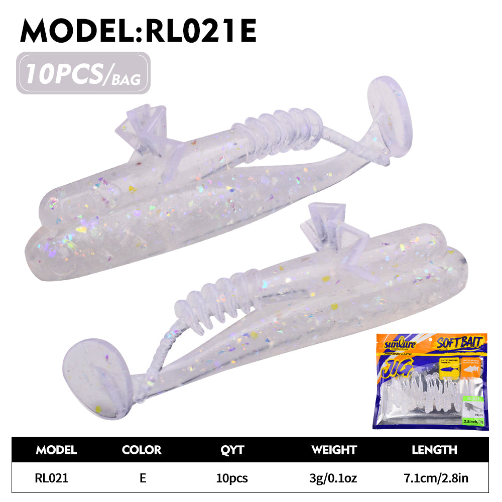 Sunlure 7.1cm/3g Artificial Soft Plastic Bait 10PCS/bag Crab Clamp T Shaped Tail Wobblers Swimming Bait 6 Color Bass Salmon Seawater Fishing Lures