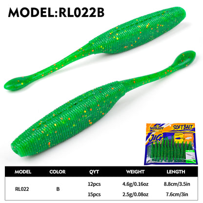 Sunlure Needle Tail Worm Soft Bait Lures 12/15-Pack - 3in/3.5in Silicone Wobblers