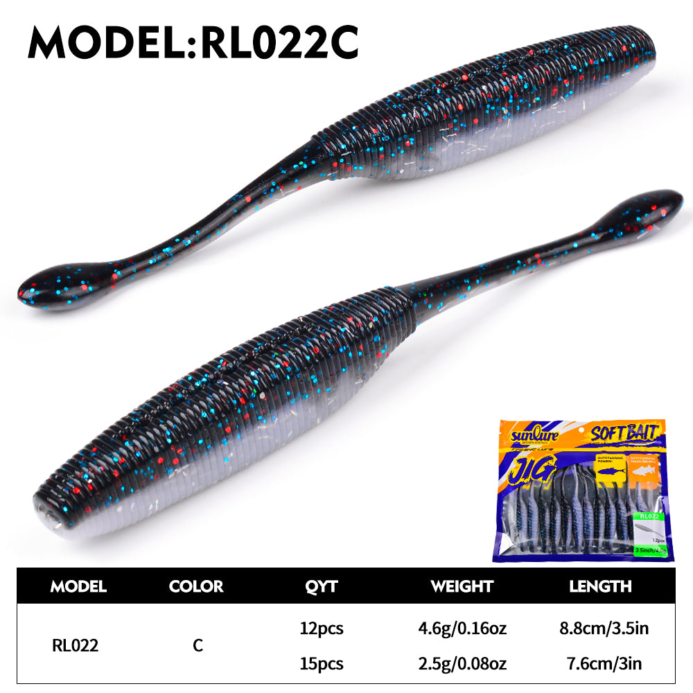 Sunlure 6color Needle Tail Fish Shaped Worm Soft Bait 12/15PCS Artificial Silicone Wobbler Swimming Bait Trout Bass Saltwater Fishing Lures