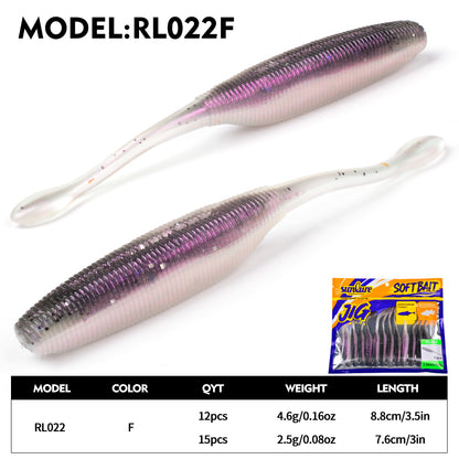 Sunlure Needle Tail Worm Soft Bait Lures 12/15-Pack - 3in/3.5in Silicone Wobblers