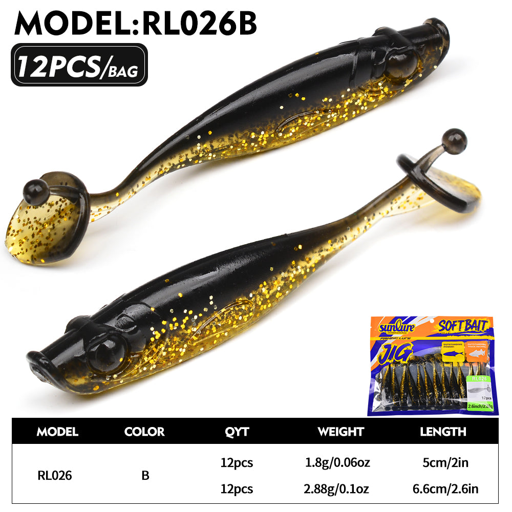 Sunlure 5cm/6.6cm Soft T-Tail Silicone Simulation Fish Bait 6-Color Realistic Fish Body Wobbler Swimming Bait 12PCS/Bag Salmon Seawater Fishing Lures