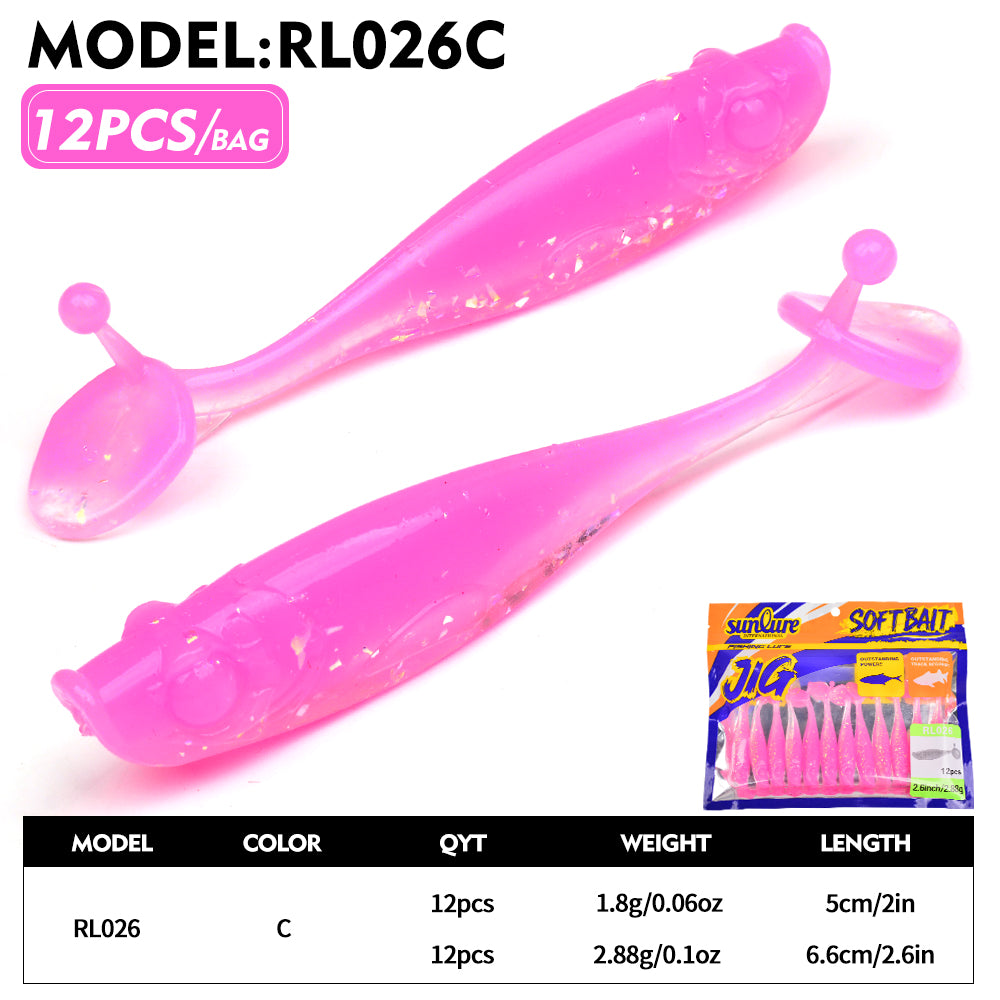 Sunlure 5cm/6.6cm Soft T-Tail Silicone Simulation Fish Bait 6-Color Realistic Fish Body Wobbler Swimming Bait 12PCS/Bag Salmon Seawater Fishing Lures