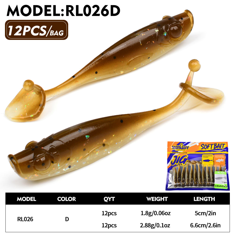 Sunlure 5cm/6.6cm Soft T-Tail Silicone Simulation Fish Bait 6-Color Realistic Fish Body Wobbler Swimming Bait 12PCS/Bag Salmon Seawater Fishing Lures