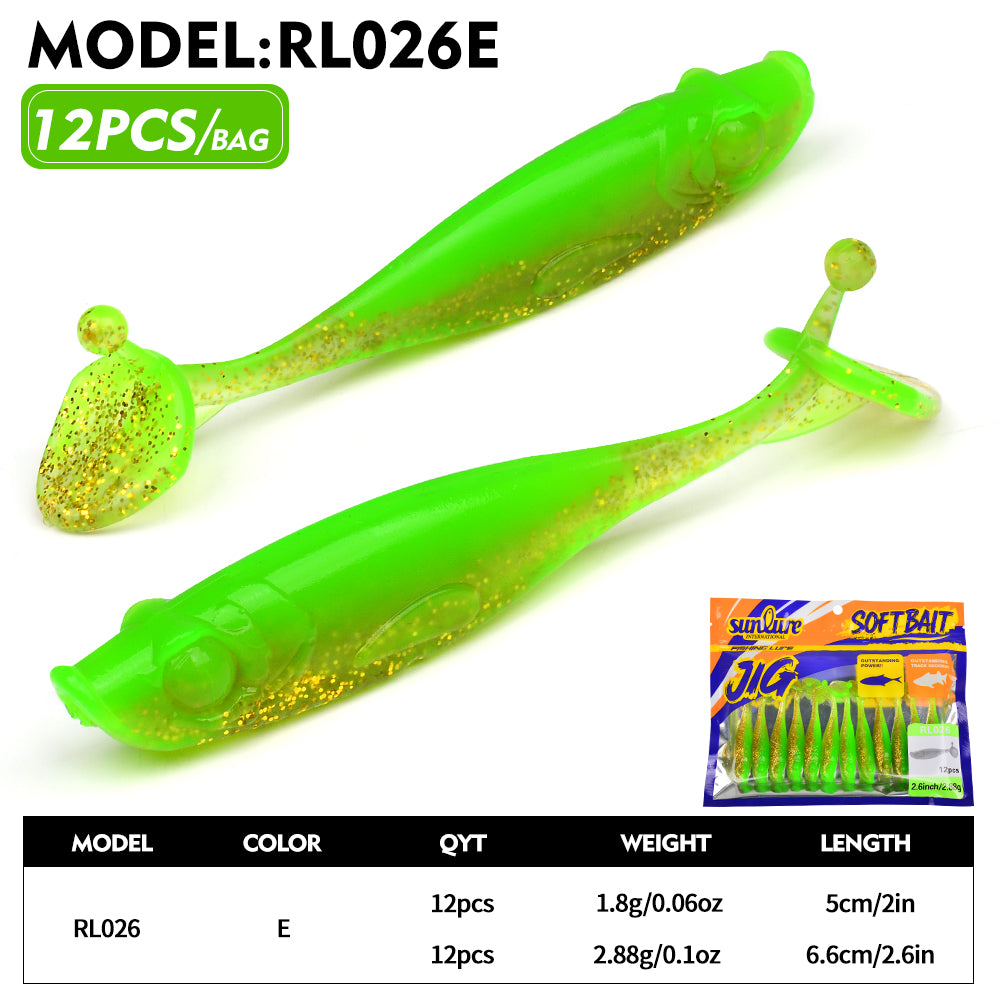 Sunlure 5cm/6.6cm Soft T-Tail Silicone Simulation Fish Bait 6-Color Realistic Fish Body Wobbler Swimming Bait 12PCS/Bag Salmon Seawater Fishing Lures
