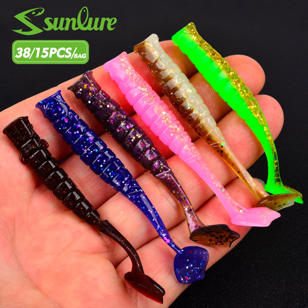 Sunlure T Flat Tail Artificial Soft Bait 15/38PCS/Bag Silicone Simulation Fish Shaped Swimming Bait 5.8/7.1cm Bass Trout Sea/Freshwater Fishing Lures