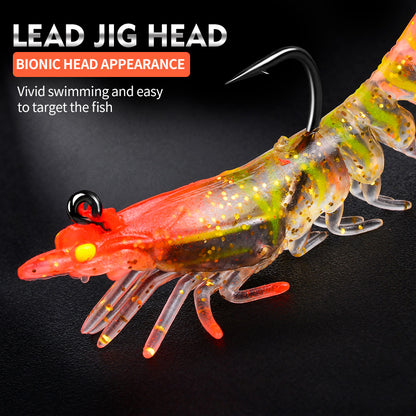 SUNLURE Pre-Rigged Shrimp Soft Lure SJ023 6 Colors 9.8g/7cm Glitter Prawn Bait With Single Hook for Inshore Fishing